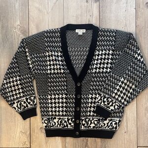 Vintage Victoria Jones Women Black and White Houndstooth Cardigan Large